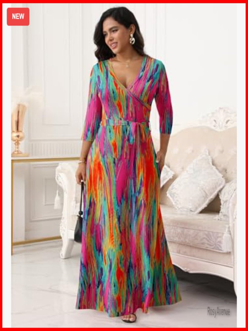 V Neck Wrap Maxi Dress with Tie Belt 3/4 Sleeve - Picture 5 of 7